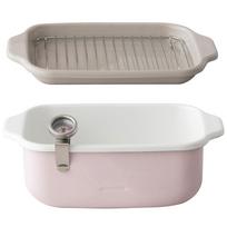 Fuji Enamel Square Tempura IH with Frying and Gift Set Pot, Pink, Compatible, Thermometer, Net, Tray,