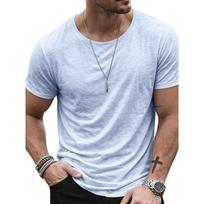 Men Big Crew Neck Solid Washed Slub Short Sleeve Slim Fit Basic T-shirt S mėlyna