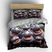 Cartoon Hippo Trio Decor Set Soft Comfortable Duvet Cover Bedding Set Included 1*Duvet Cover & 2*Pillowcases, Gift EU Twin 135X200cm&set