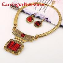 Geometric Alloy Necklace Earrings With Vintage Finish For Boho Fashion And Daily Wear Gold Red
