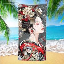 Traditional Geisha Print Beach Towel Vintage Kimono Koi Fish Floral Art Design Beach Blanket Soft Quick Dry Sand Resistant Towel 50X100cm &1pc