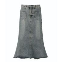 A Large-sized High-waisted Retro Fringed Denim Skirt for Spring, Featuring A New Design Sense Fishtail Skirt and A-line Long Dress S mėlyna