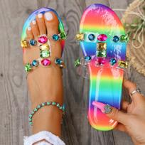 Women Slippers Summer Flip Flops Sandals Gemstone Rhinestones Wild Diamond Flat Slides Women Transparent Ladies Shoes 35