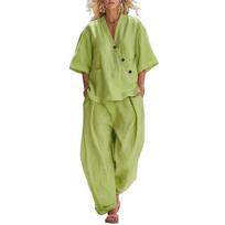 Women 2 Piece Outfits Casual Button Short Sleeve V Neck Top And Long Pants Lounge Set with Pockets Summer Loose Matching Sets XXXL
