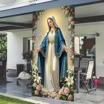 2D Marian Art Backdrop, Virgin Mary with Roses & Lilies Photography Background 47.2x31.5inch/120*80cm