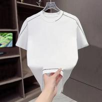 Women Contrast Stitch Crew Neck Split Hem Short Sleeve Casual T-shirt M balta