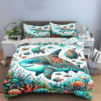 Colorful Ocean Shark Decor Set Multiple Sizes Kid'S And Adults' Bedroom Exquisite 3Pc Bedding Set, Gift EU Twin 135X200cm&set