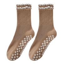 Cotton Pilates Socks for Women Silicone Sole Breathable Mid Tube Socks Double Ruffled Edge High-elastic Floor Socks One Size ruda