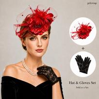 2Pcs Womens Floral Fascinator Hat and Lace Gloves Set for Tea Party Derby Cocktail Party 2pcs raudona