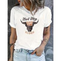 European Size Rodeo Cow Head Print T-shirt, Casual Crew Neck Short Sleeve T-shirt, Women's Clothing S balta