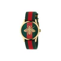 Gucci G-Timeless serijos laikrodis Kvarcinis mechanizmas Nailoninis dirželis Raudonas ciferblatas Siuvinėta bitė Raudonos ir žalios spalvos blokai Unisex laikrodžiai YA126487B Regular Watch Box,Brand-New Out of Warranty