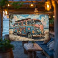 Paplūdimio gyvenimo autobusiukas Kemperis Metalo ženklas Hippie gėlių dizainas Rustic mėlynas Oranžinis furgonas su ŠIRDŽIA LOVE namams biuro sienai D 20x30cm（7.8x11.8inch）