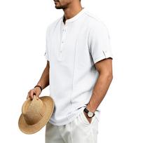 Men Mandarin Collar 3 Button Half Placket Contrast Trim Short Sleeve Shirt With Adjustable Cuff S balta