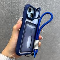 Wrist Strap with Camera Stand Card Holder Shockproof Phone Case For iPhone 17 15 11 12 13 14 16 Pro Max Plus Transparent Cover For iPhone 12 Pro&Case & Strap tamsiai mėlyna spalva