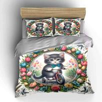 Kitten Tricycle In Floral Scene Printed Bedding Set Kid'S And Adults' Bedroom Decor, Exquisite Three-Piece Bedding Set Gift (as the picture,EU Twin 135X200cm&set)