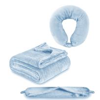 Inflatable Travel Neck Pillow with Portable Flannel Fleece Blanket and Zipper Storage Bag šviesiai mėlyna spalva