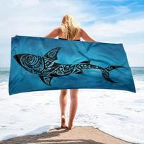 1pc Large Quick-Dry Beach Towel - Tropical Shark Design with Blue Background, Super Absorbent Microfiber Towel for Pool 140X70CM-55X27in