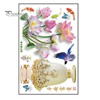 3D didelės vazos sienos lipdukas Lotoso gėlių lipdukas, lipnus, tvirtas, vandeniui atsparus PVC lipdukas, sienos meno dekoravimas Flower gray