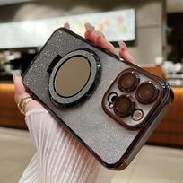 Luxury Glitter Mirror Stand Case for iPhone 16 15 14 13 12 Pro Max 11 X Xr XsMax 7 8 Plus Bracket Gradient Make Up Plating Cover for iPhone 16 ProMax mėlyna