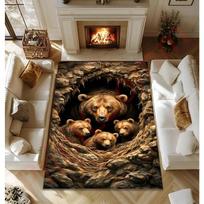 Bear Family Rug With Nature Cave Design, Cozy Woodland Animal Carpet, Rustic Lodge Living Room Decor 60*90cm