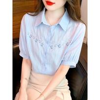 Women Collar Floral Embroidery Puff Short Sleeve Button Down Blouse S mėlyna