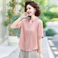 Women Stand Collar Half Placket Mid Sleeve Solid Chiffon Blouse Three Colors Available XL rožinė