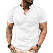 Men Stand Collar Half Button Henley Short Sleeve T-Shirt With Chest Pocket S balta