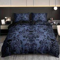 Black Damask Comforter Cover Set Exotic Sugar Skull Duvet Covers Gothic Vintage Floral Skeleton Bedding Set Bohemian Quilt Cover EU single(135x200cm)