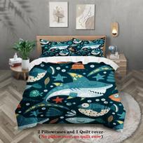 3Pcs Shark Ocean Bedding Sets 3D Playful For Kids Printed Sea Life Pattern Single Twin Size Duvet Cover Sets With Pillowcases EU Twin(135x200cm)