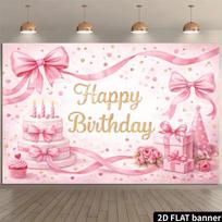 2D Flat Pink Bow Cake Happy Birthday Backdrop Gift Cupcake Rose Gold Confetti Photo Background 47.2x31.5inch/120*80cm