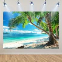 2D Right Big Slant Palm Beach Backdrop Gradient Blue Sea Mountain Wall Tapestry 47.2x31.5inch/120*80cm