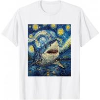Shark Fish Van Gogh Style Starry Night Funny Gift t shirt Vintage Graphic Tee 100 cotton printed clothes All size Tops S6XL S