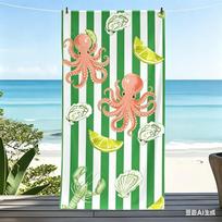 Aesthetic Lobster Pink Striped Microfiber Beach Towel, Cute Seafood Oyster Bath Towel, Quick Dry XL Summer Vacation Gift 50x100cm