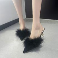 ZANPACE Women Slippers Joker Women's Shoes  High Heel Slippers  Pointed Toe Ladies Slippers Suede Slide Flip Flops 35