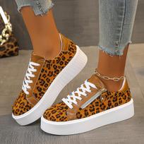 Leopard Print Zipper Leather Women's Flat Shoes Woman Comfort Lace-up Casual Lady Shoes  De 42 brown