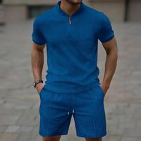 Men Waffle Knit Half Zip Stand Collar Top And Drawstring Shorts Two Piece Tracksuit Set S mėlyna