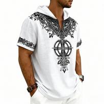 Men Celtic World Tree Totem Print Hooded Half Placket Short Sleeve Linen Tee S balta