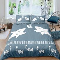 Cartoon Shark King Queen Duvet Cover Blue Ocean Animal Theme Bedding Set For Kids Boys Girls Sealife 2/3Pcs Soft Comforter Cover EU single(135x200cm)