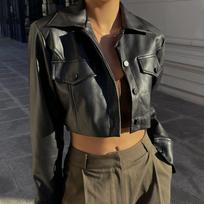 Women's Spring and Fall Revealing Biker Jacket Design Long-sleeved Short Single-breasted Jacket XXS juoda