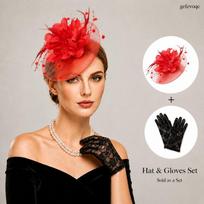 2PCS Women Formal Fascinator Hat with Lace Gloves Set Elegant Flower Birdcage Veil Headwear for Bridal Derby Tea Party Accessory 2pcs raudona