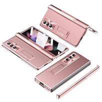 Luxury Folding Design Full Protection Case For Samsung Galaxy Z Fold 4 Fold4 Fold 3 Fold3 Zfold4 Tempered Glass Film Cover for Samsung Z Fold 3 rožinio aukso spalvos