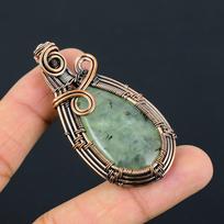 Prehnite Gemstone Pure Copper Wire Wrapped Handmade Pendant Fancy Jewelry gift For Her 2.56 Inches žalia