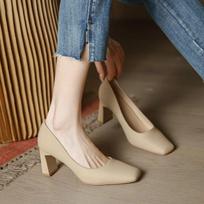 Nude high heels women's thick heel simple professional commuter style versatile design sense soft leather square head work shoes single shoes women 34