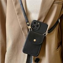 Odinė piniginė-kortelių laikiklis ant dirželio kaklui dėklas iPhone 17 16 15 14 Pro Max 11 12 13 XR 7 Plus silikoninis minkštas dėklas For iPhone 14&Case & Strap juoda