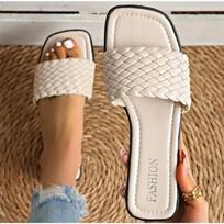 Women's Slippers Summer Selling Sexy Braided Red Square Toe Flat Flip-Flops  Beach Mules Casual Indoor Home Slippers 35