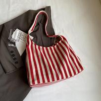 1 Piece pure color one shoulder women's bag large capacity canvas tote bag stripesd bucket bag (30cm<Max Length<50cm) brown