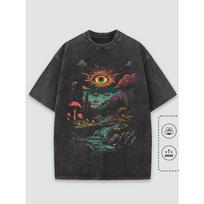 Vintažiniai vyriški skalbto medvilnės grafinis t-shirt tamsiosios fantazijos miško šviečiantis saulės akies spaudinys minkštas gatvės stiliaus viršus S