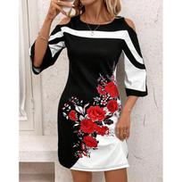 New elegant women's clothing black and white contrasting color slim-fitting off-the-shoulder dress S