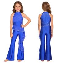 Vaikų sceninio pasirodymo bodis: Sleeveless Rhinestone Jumpsuit with Ruched Mesh Ruffles & Bell-Bottom Legs for Dance 5-6 Years karališkos mėlynos spalvos