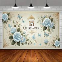 2D Gold Glitter Floral Quinceañera Backdrop 15th Girl Party Decor Background Cloth 47.2x31.5inch/120*80cm